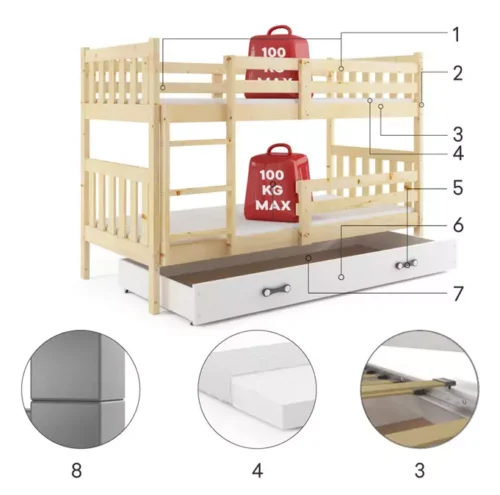 KACPER 90×200 youth bunk bed with mattress and drawer, pine/white