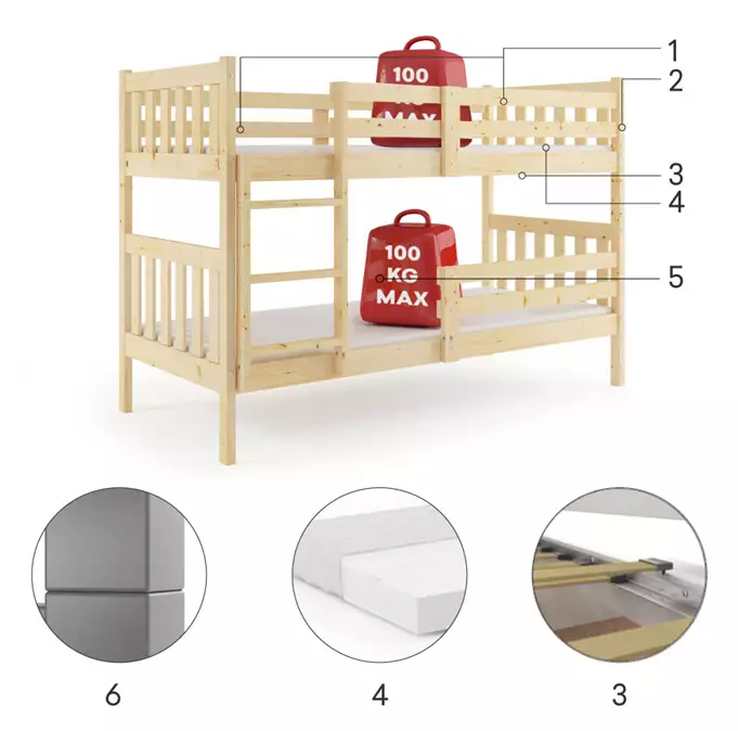 KACPER 90X200 youth bunk bed with mattress, pine - Image 4