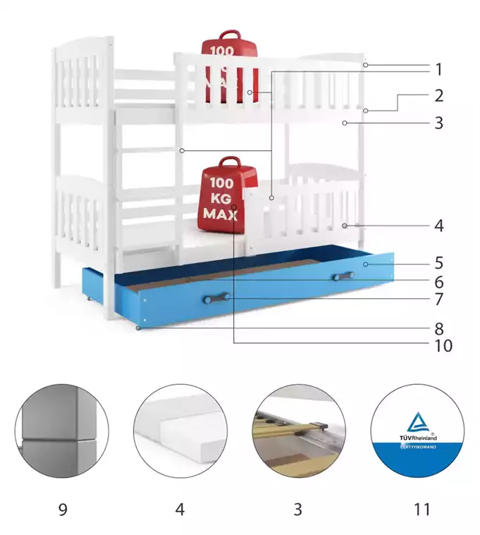 KUBUŚ youth bunk bed 90x190 with mattress and drawer, white/blue - Image 6
