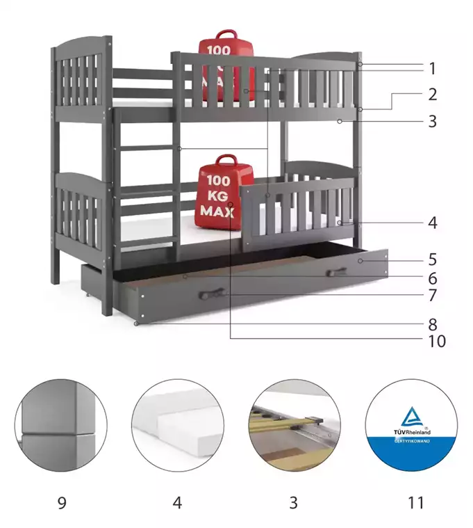 KUBUŚ youth bunk bed 90X190 with mattress and drawer, graphite color - Image 6