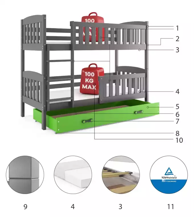 KUBUŚ youth bunk bed 90x190 with mattress and drawer, graphite/green - Image 6