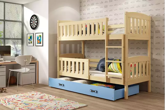 KUBUŚ youth bunk bed 90x190 with mattress and drawer, pine/blue - Image 3