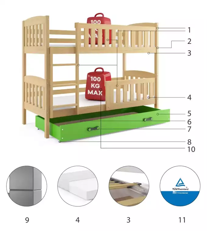 KUBUŚ youth bunk bed 90x190 with mattress and drawer, pine/green - Image 6
