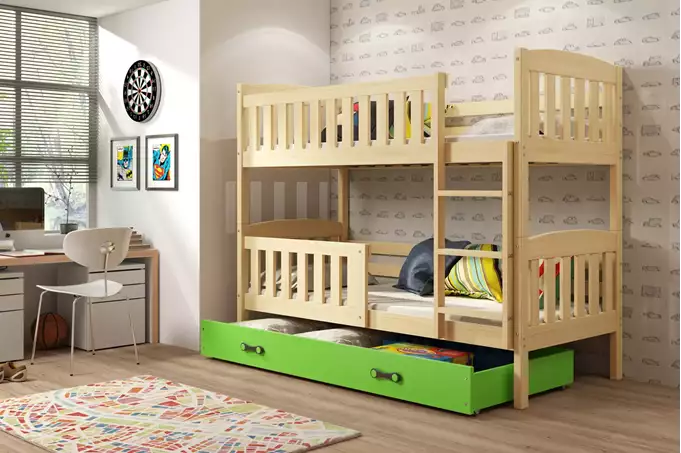 KUBUŚ youth bunk bed 90x190 with mattress and drawer, pine/green - Image 3