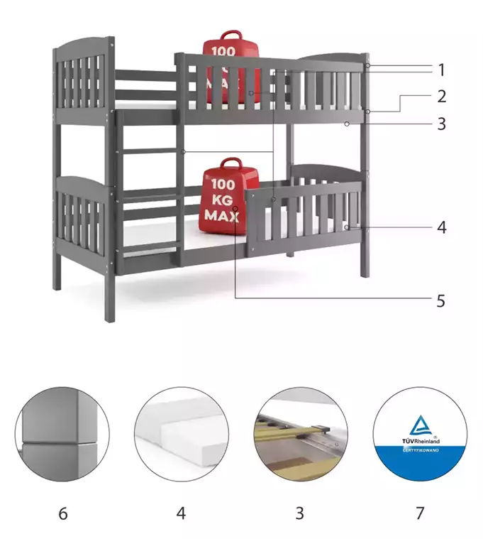 KUBUŚ youth bunk bed 90X200 with mattress, graphite color - Image 6