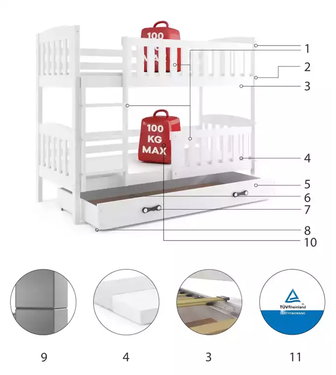 KUBUŚ youth bunk bed 90x200 with mattress and drawer, white - Image 6