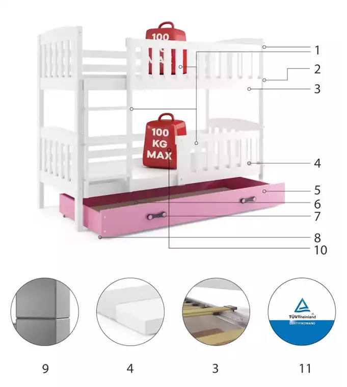 KUBUŚ youth bunk bed 90x200 with mattress and drawer, white/pink - Image 6