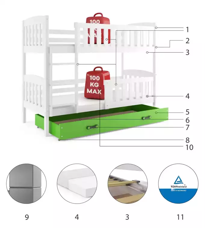 KUBUŚ youth bunk bed 90x200 with mattress and drawer, white/green - Image 6
