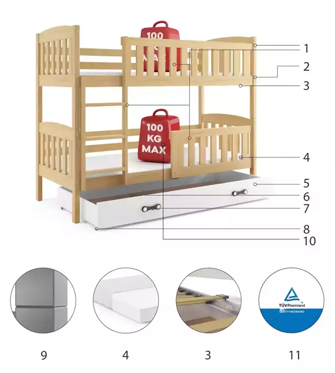 KUBUŚ youth bunk bed 90x200 with mattress and drawer, pine/white - Image 6