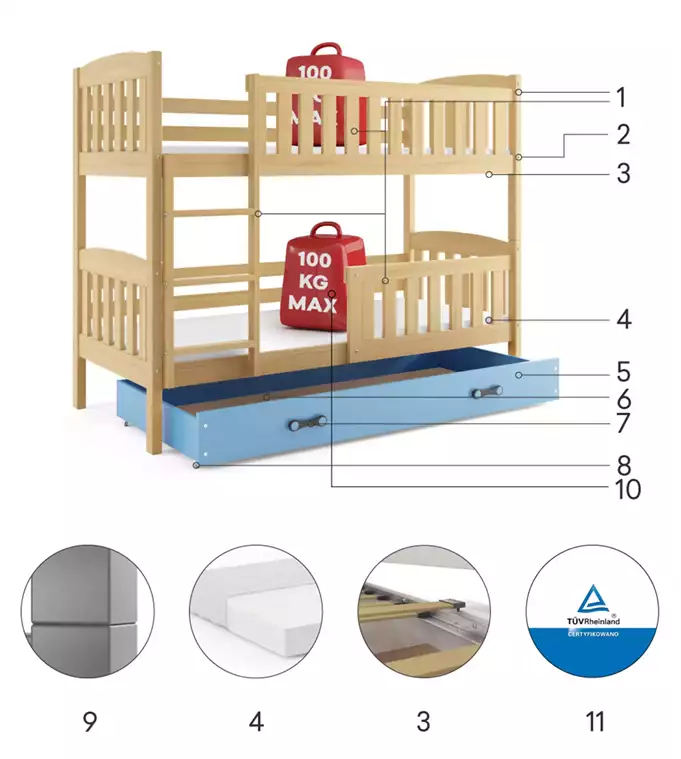 KUBUŚ youth bunk bed 90x200 with mattress and drawer, pine/blue - Image 6