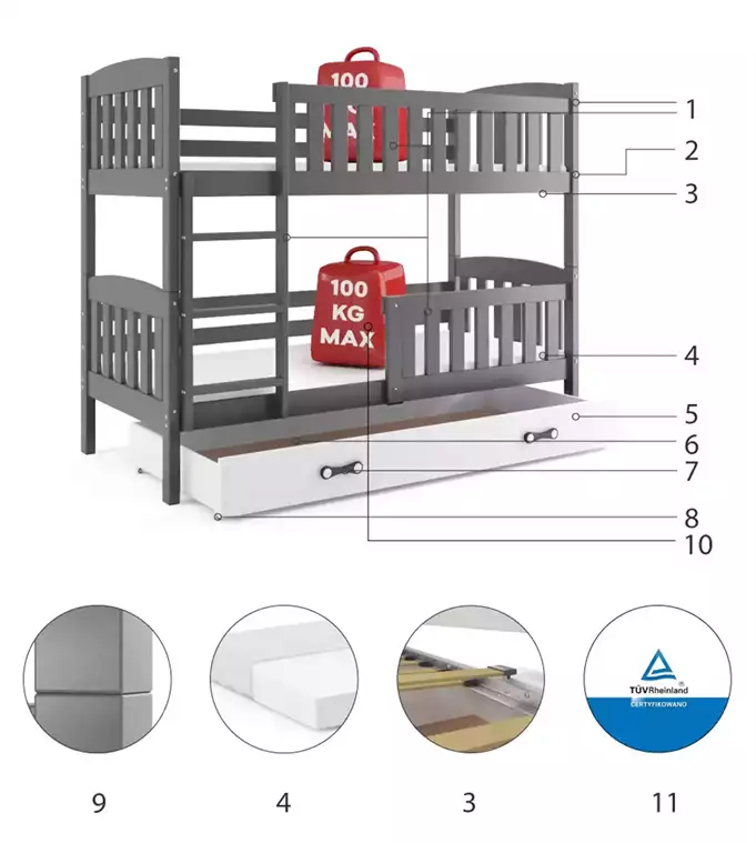 KUBUŚ youth bunk bed 90x200 with drawer, graphite/white - Image 6
