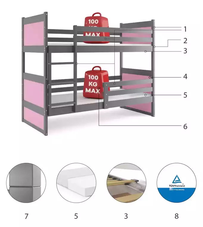 RICO youth bunk bed 90x190 with mattress, graphite/pink - Image 6
