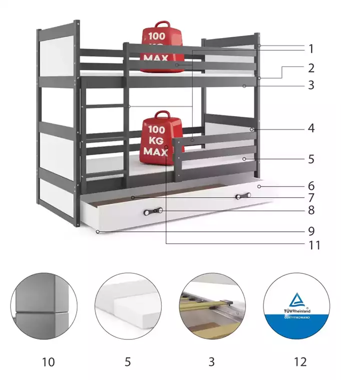 RICO youth bunk bed 90x190 with mattress and drawer, graphite/white - Image 6