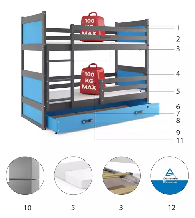 RICO youth bunk bed 90x190 with mattress and drawer, graphite/blue - Image 6