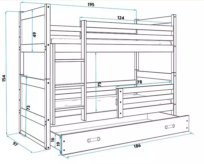 RICO youth bunk bed 90x190 with mattress and drawer, graphite/blue - Image 3
