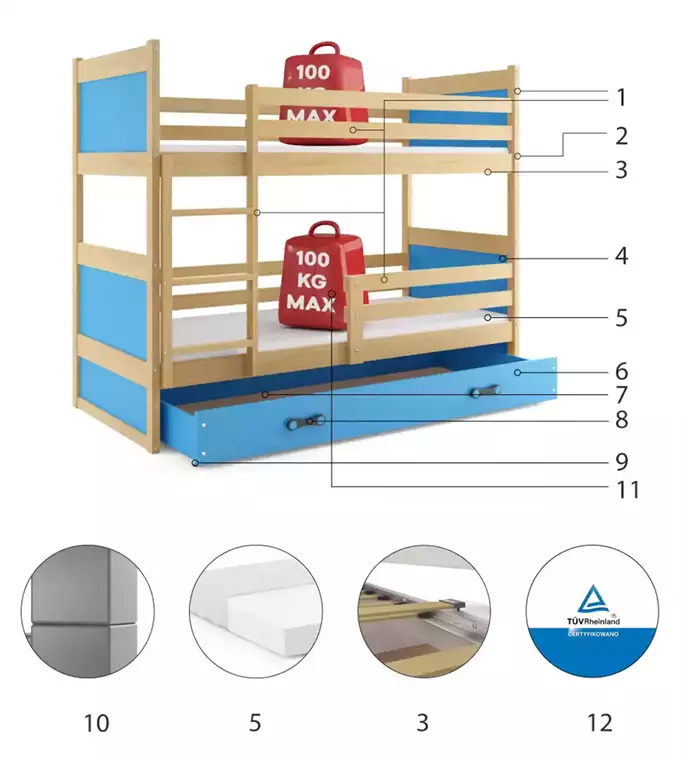 RICO youth bunk bed 90x190 with mattress and drawer, pine/blue - Image 6