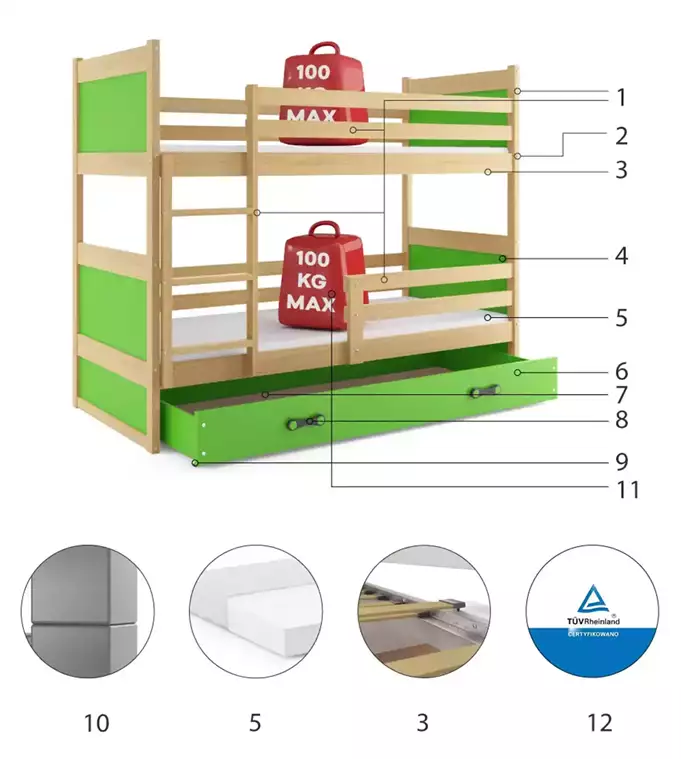 RICO youth bunk bed 90x190 with mattress and drawer, pine/green - Image 6