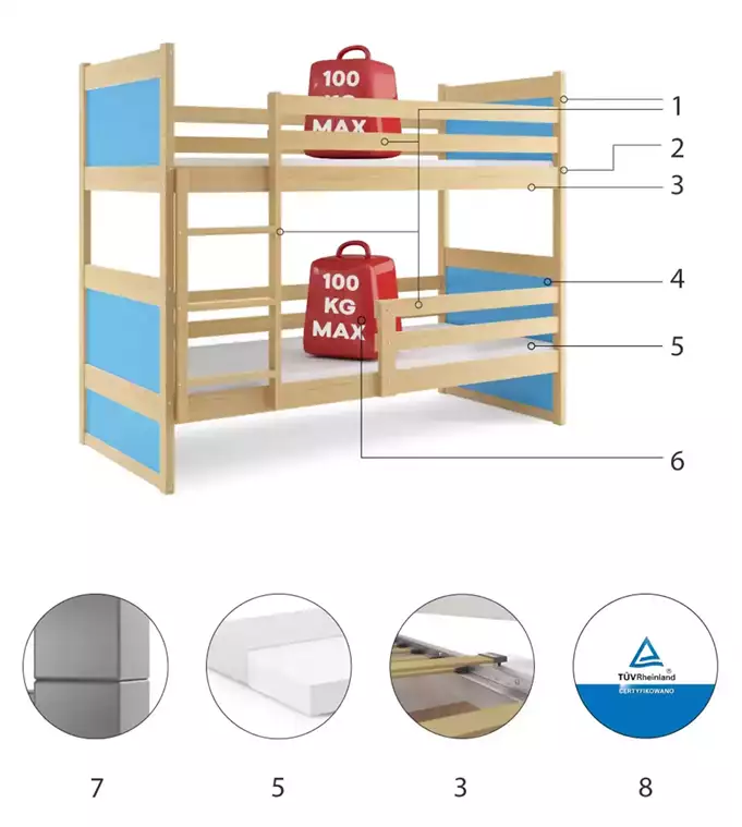 RICO youth bunk bed 90x190 with mattress, pine/blue - Image 6