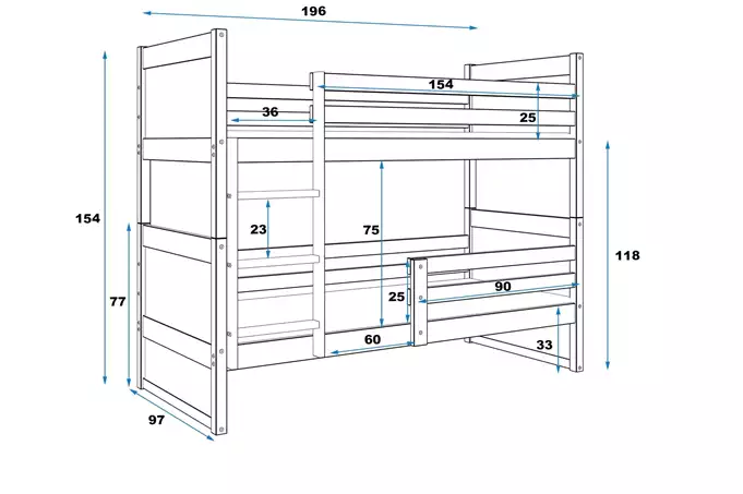 RICO youth bunk bed 90x190 with mattress, pine/blue - Image 3