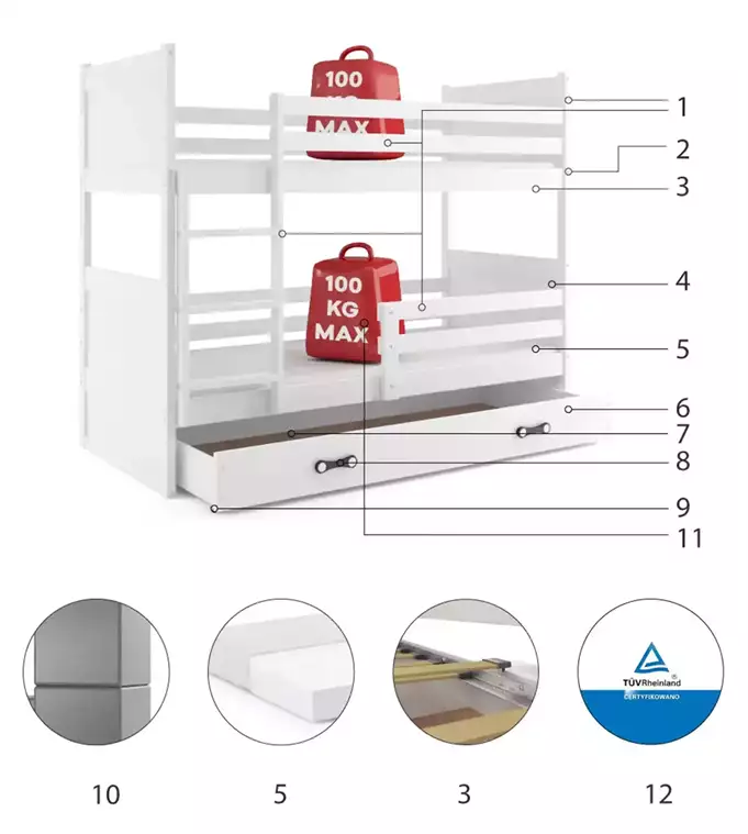 RICO youth bunk bed 90x190 with drawer, white - Image 6