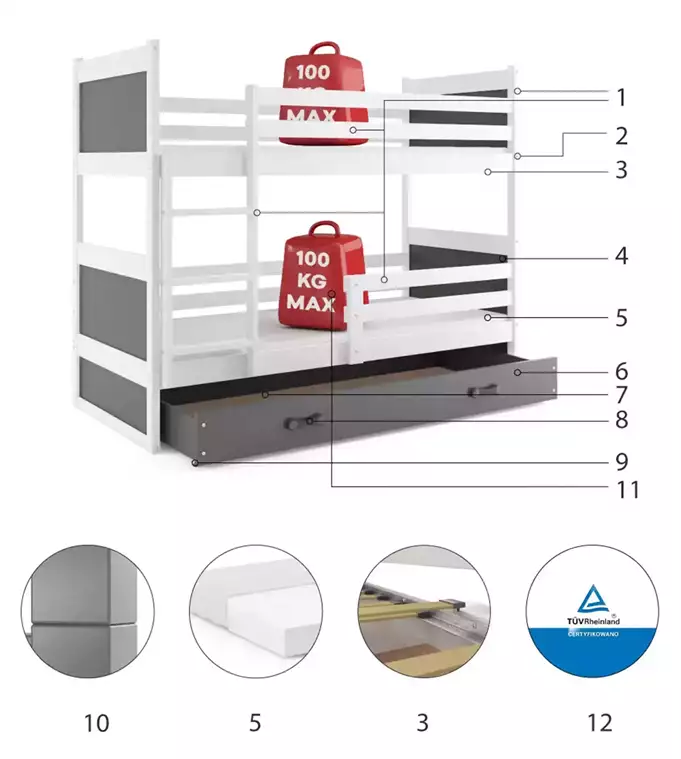 RICO youth bunk bed 90x190 with drawer, white/graphite - Image 6