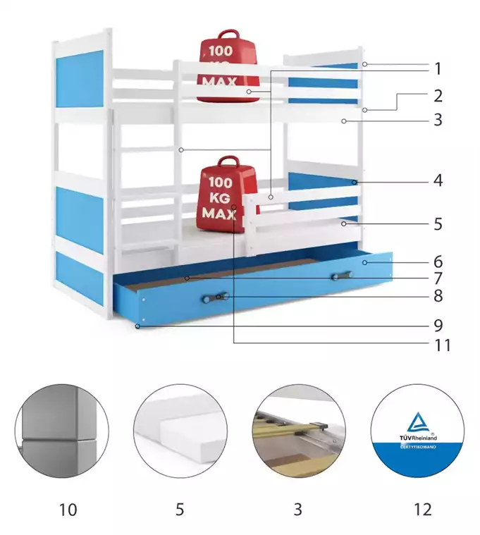 RICO youth bunk bed 90x190 with drawer, white/blue - Image 6