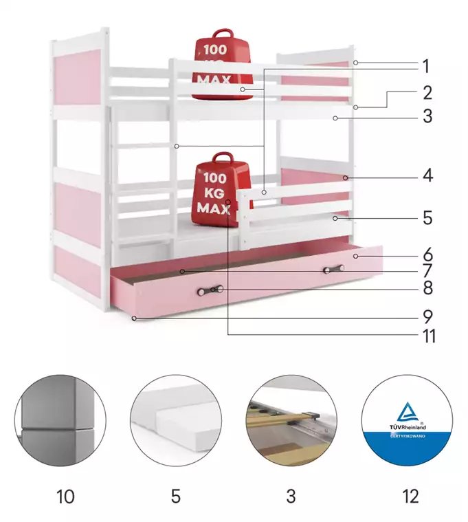 RICO youth bunk bed 90x190 with drawer, white/pink - Image 6