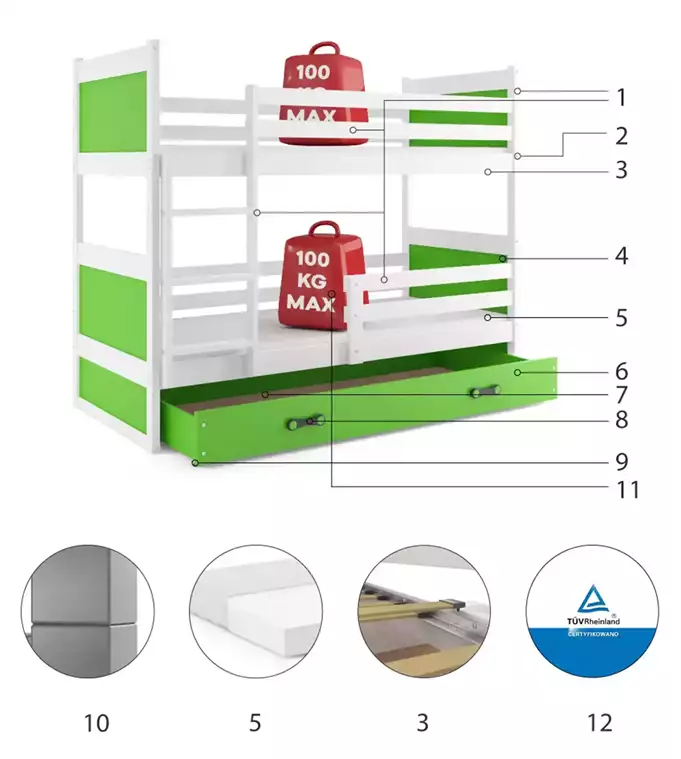 RICO youth bunk bed 90x190 with drawer, white/green - Image 6