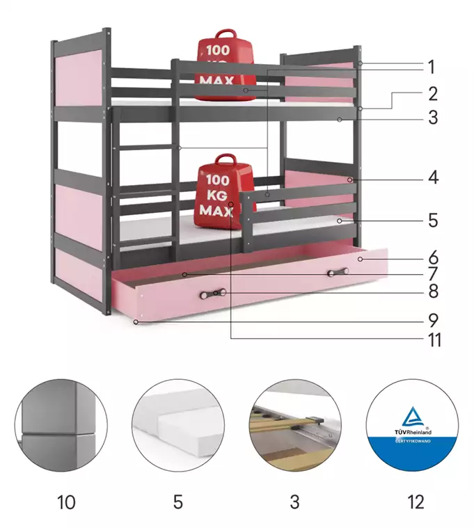 RICO youth bunk bed 90x190 with drawer, graphite/pink - Image 6