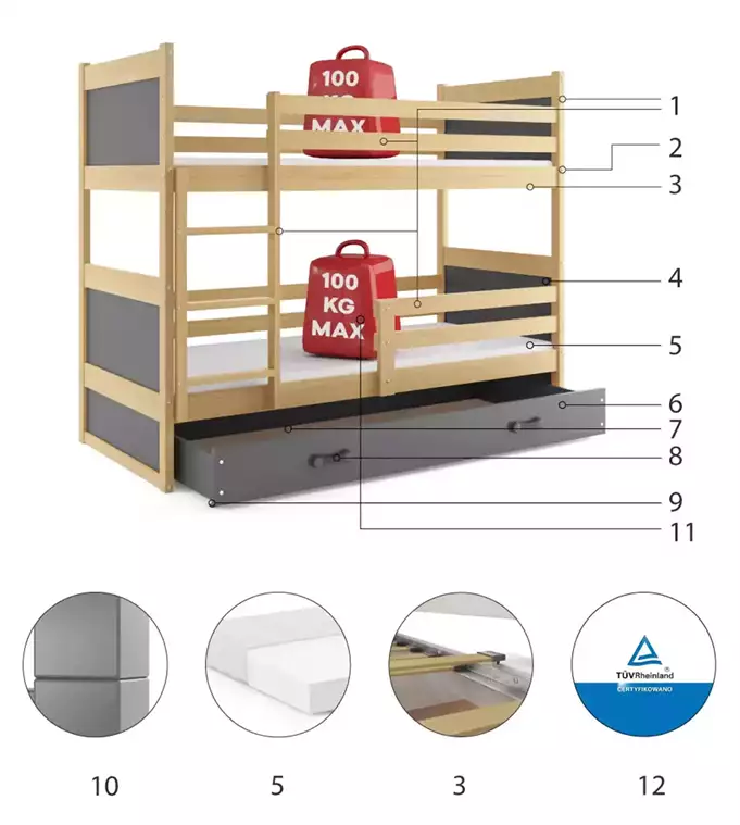 RICO youth bunk bed 90x190 with drawer, pine/graphite - Image 6