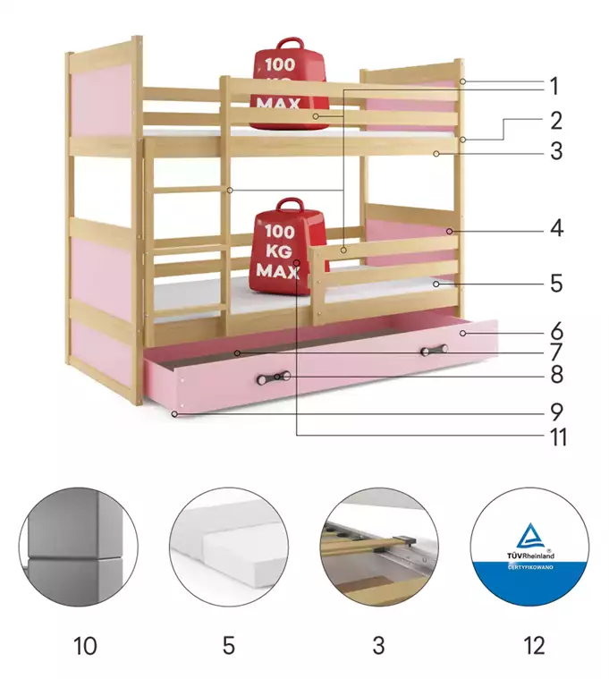 RICO youth bunk bed 90x190 with drawer, pine/pink - Image 6