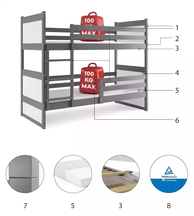 RICO youth bunk bed 90x200, graphite/white - Image 6