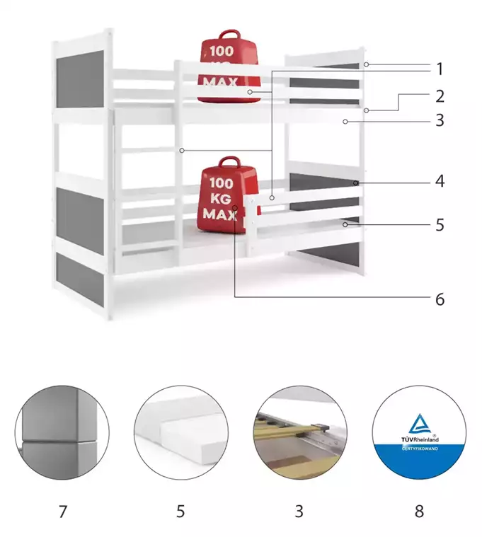 RICO youth bunk bed 90x200 with mattress, white/graphite - Image 6