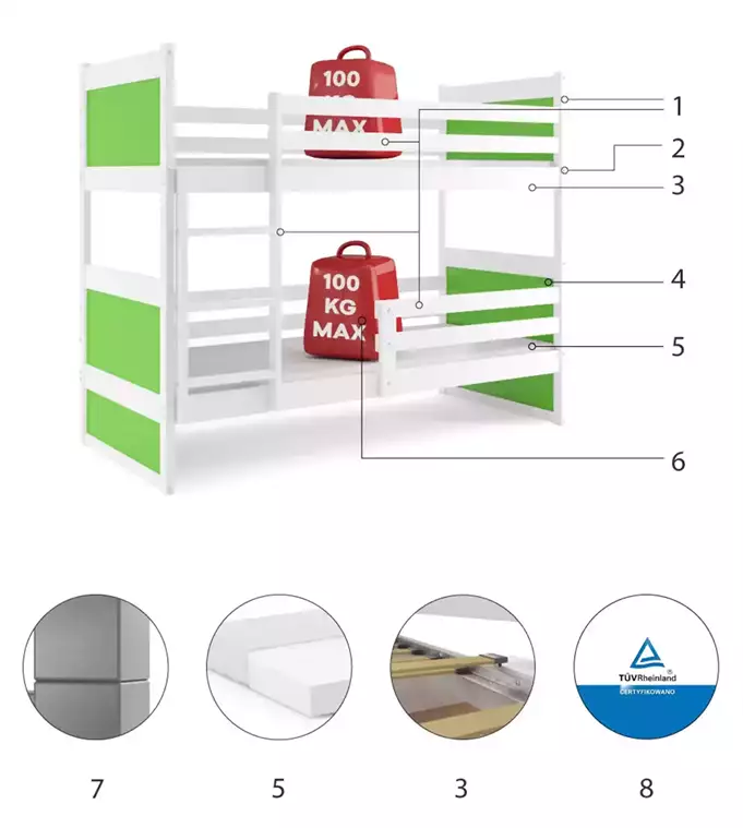 RICO youth bunk bed 90x200 with mattress, white/green - Image 6