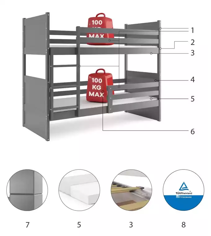 RICO 90X200 youth bunk bed with mattress, graphite color - Image 6
