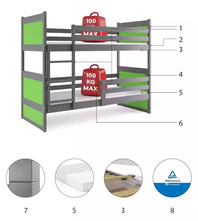 RICO 90X200 youth bunk bed with mattress, graphite/green - Image 6