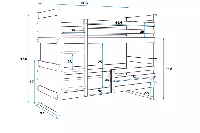 RICO youth bunk bed 90x200 with mattress, pine/blue - Image 3