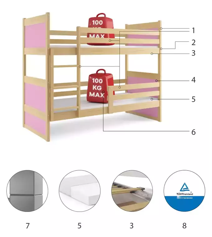 RICO youth bunk bed 90x200 with mattress, pine/pink - Image 6
