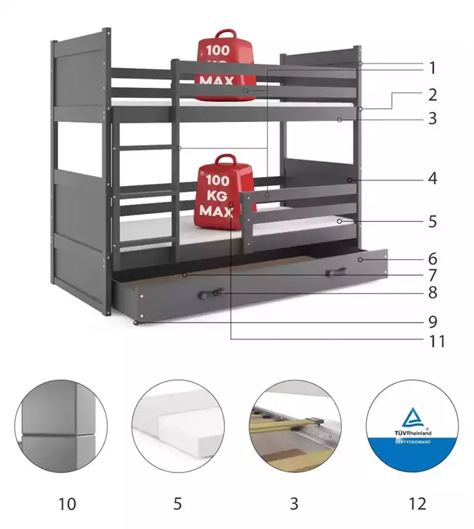 RICO 90X200 youth bunk bed with drawer, graphite color - Image 6