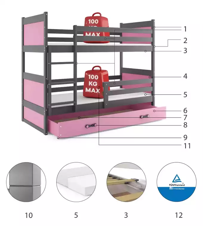 RICO 90X200 youth bunk bed with drawer, graphite/pink - Image 6
