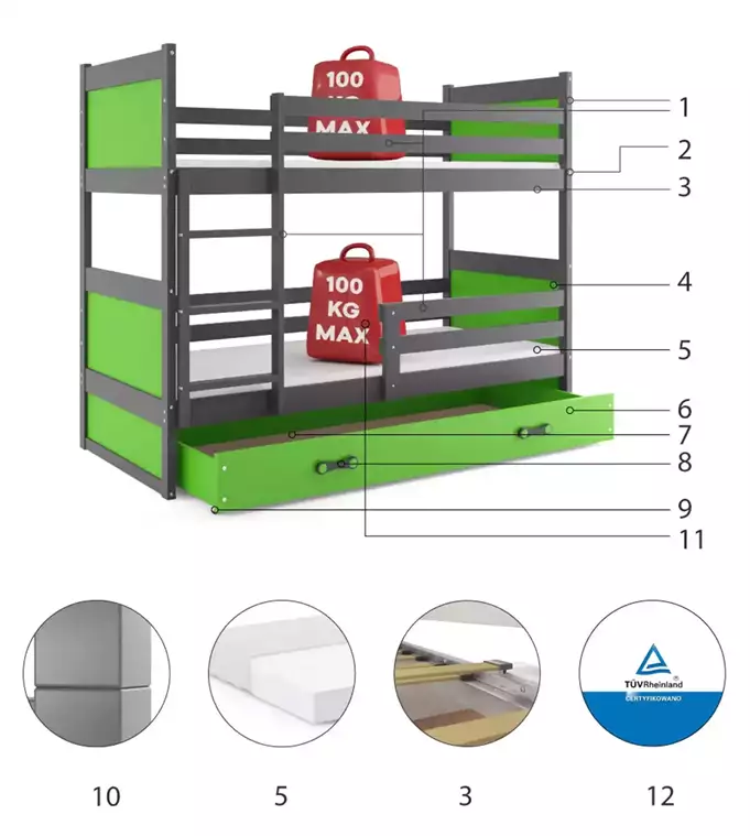 RICO 90x200 youth bunk bed with drawer, graphite/green - Image 6