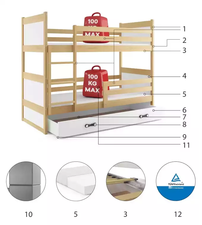 RICO 90x200 youth bunk bed with drawer, pine/white - Image 6