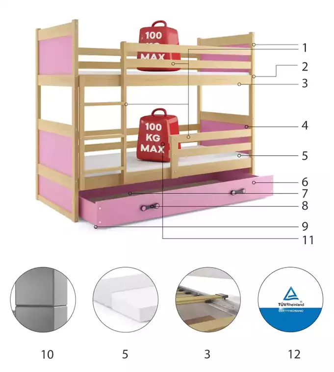 RICO 90x200 youth bunk bed with drawer, pine/pink - Image 6