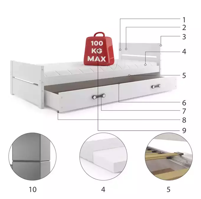 BARTEK single youth bed 90x200 with drawer, white - Image 6