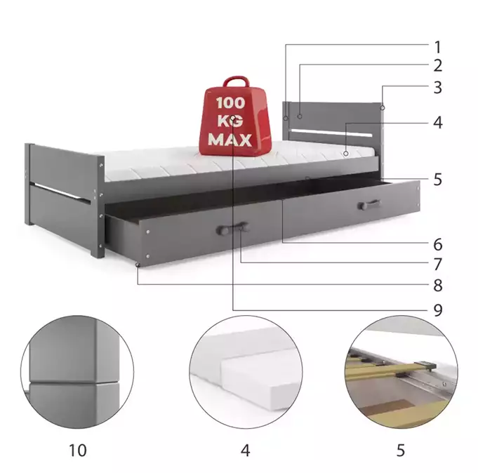 BARTEK single youth bed 90x200 with drawer, graphite color - Image 6