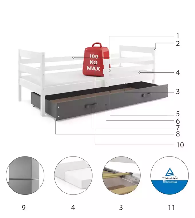 ERYK 80X190 youth single bed with mattress and drawer, white/graphite - Image 4