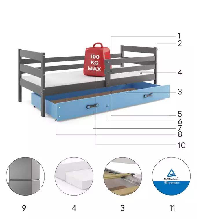 ERYK 80X190 single youth bed with mattress and drawer, graphite/blue - Image 4