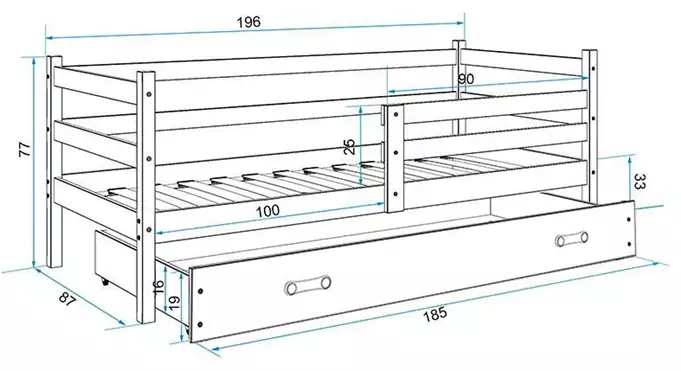 ERYK 80X190 single youth bed with mattress and drawer, graphite/blue - Image 3