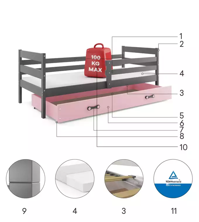 ERYK 80X190 single youth bed with mattress and drawer, graphite/pink - Image 4