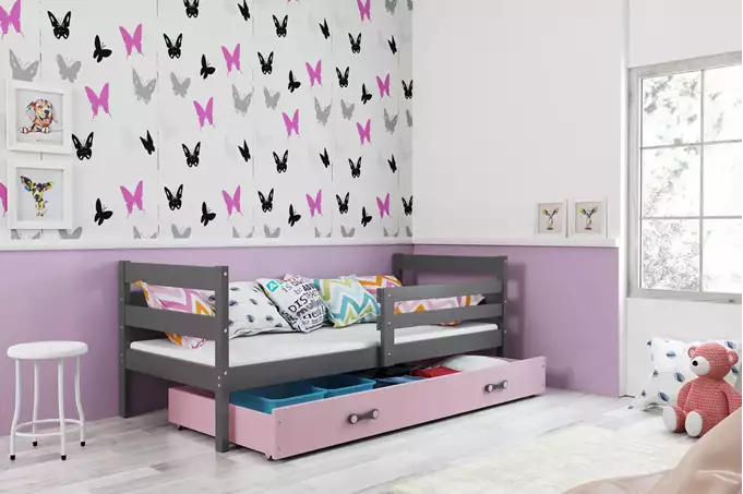 ERYK 80X190 single youth bed with mattress and drawer, graphite/pink - Image 5